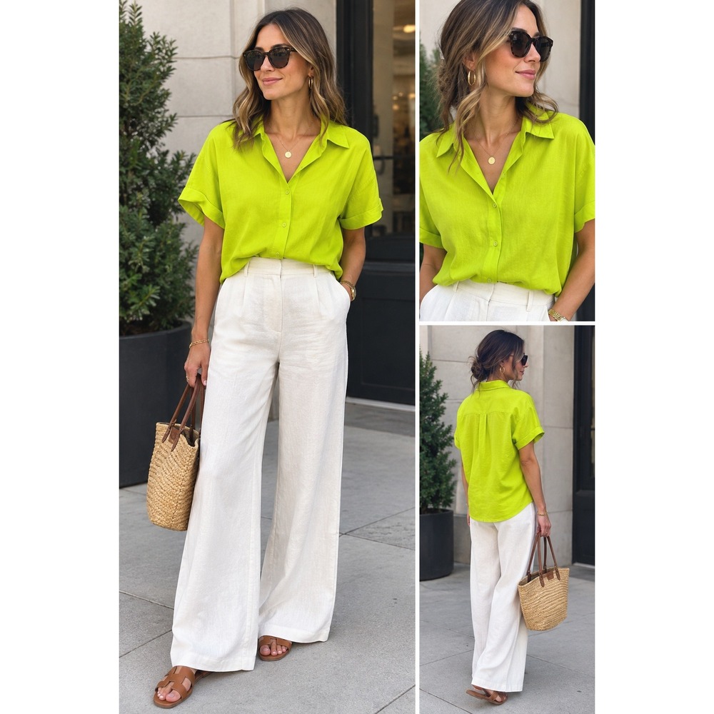 Essentiel Antwerp Button Down Shirt Women M Lime Green Satin Boxy Blouse